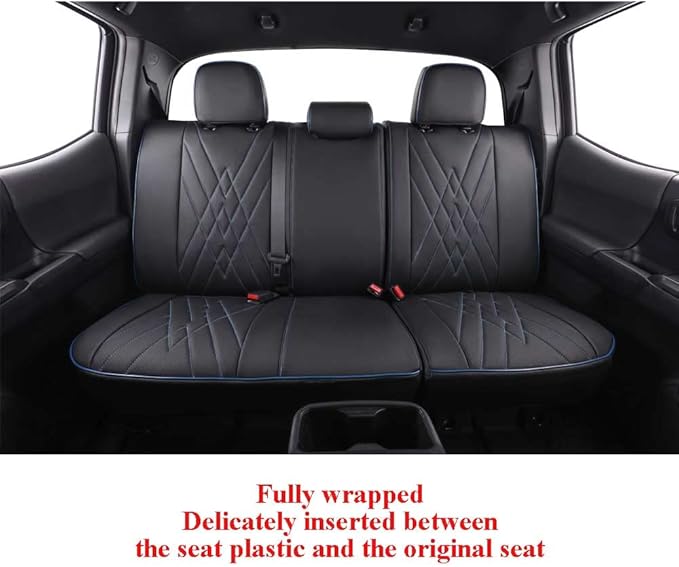 EKR Tacoma Seat Covers Custom Fit for Toyota Tacoma 2016 2017 2018 2019 2020 2021 2022 2023 Double Cab/Crew Cab -Truck Seat Covers for Car Full Set,Faux Leather (Black with Blue Trim)