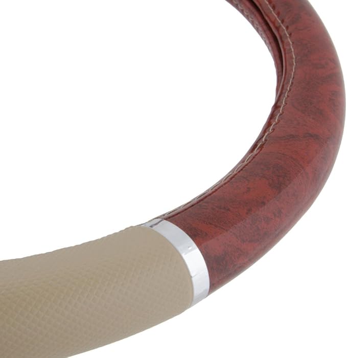 BDK Dark Wood Grain Car Steering Wheel Cover, Standard 15 inch with Beige Faux Leather Grip, Made to Fit Most Auto Truck Van SUV