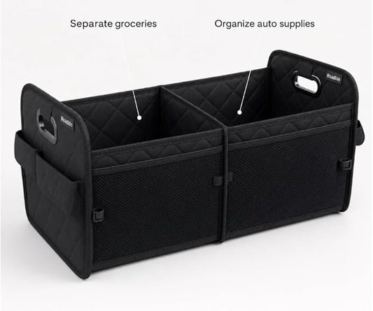 Car Organizer Caddy Oxford Quilted Trunk Organizer, Waterproof Storage Tote with Handles for Front Seat, Backseat, SUV, Truck, Van, Black