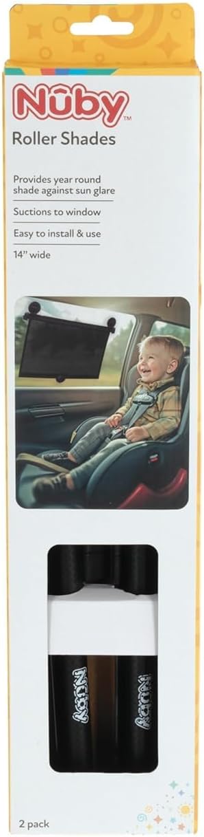 Nuby 14" Roller Vehicle Side Window Sun Protection Shade for Baby | 2 Pack | Pull Down with Suction Cups and Press Button Roll Up | Black
