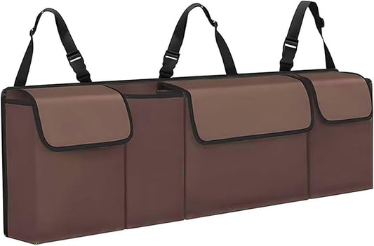 Car Trunk Organizer, Waterproof Backseat Hanging Large Storage with Adjustable Straps, Collapsible Cargo Bag with 4 Pockets, Car Interior Accessories for Truck, SUV, MPV (Brown)