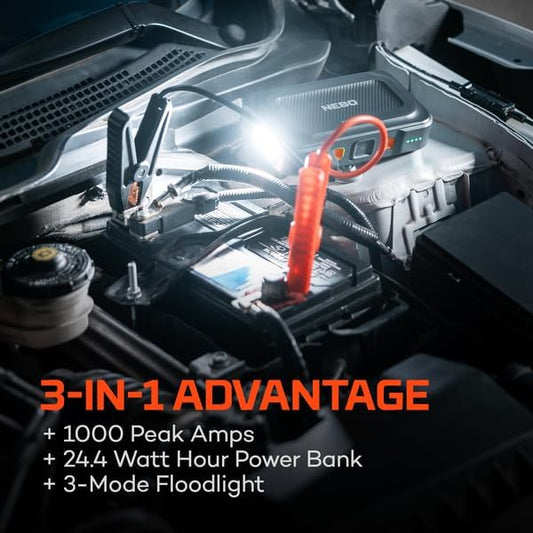NEBO Assist 1000A Jump Starter | 1000 Peak Amps, Portable Battery Booster Pack for 12V Vehicles, Spark-Proof, USB-C Rechargeable Power Bank, LED Emergency Light, Compact 3-in-1 Roadside Kit