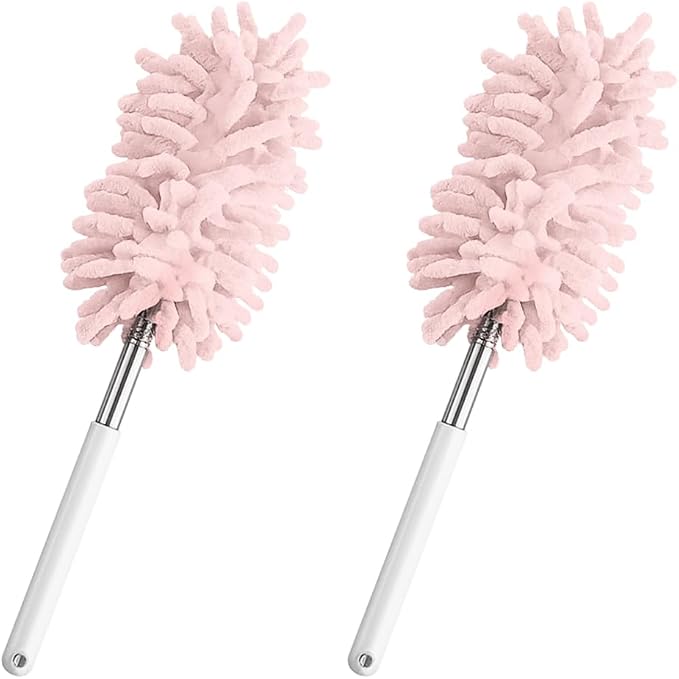 2PCS Car Interior Duster with Extension Pole, 9.45" to 28.35" Microfiber Soft Vehicle Dash Dusting Detailing Wash Brushes, Automotive Dash Cleaning Tool, Universal for SUV RV Truck (Pink)
