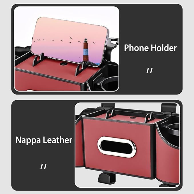 Back Seat Car Organizer,4 in 1 Multifunctional Car Back Seat Storage Box with Drink Cup Holder Tissue Box, for Hold Phone,Snacks, Drinks, Handbag-Red