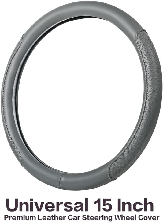 Microfiber Leather Steering Wheel Cover, Classic Embossing, Anti-Slip, Breathable, 15 Inch, Gray