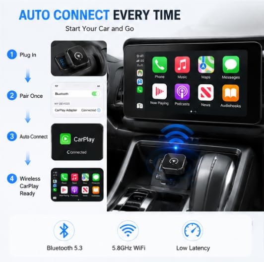 Wireless Carplay Adapter for Nissan Murano 2018-2019 SUV- Fast Auto-Connect with Premium Metal and Acrylic Glass Design