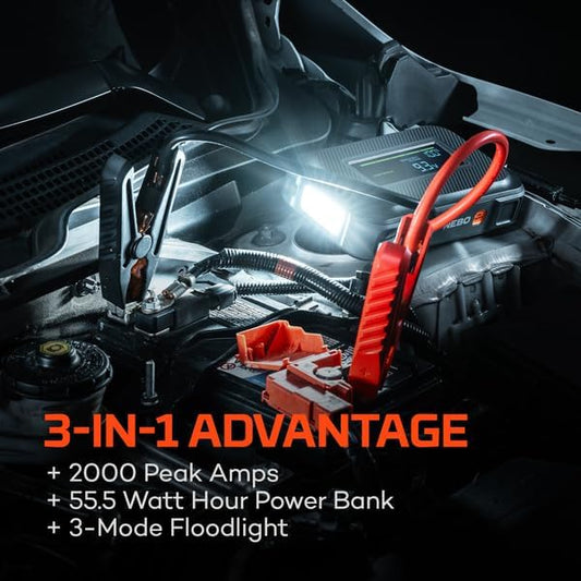 NEBO Assist 2000A Jump Starter | 2000 Peak Amps, Portable Battery Booster Pack for 12V Vehicles, Spark-Proof, USB-C Rechargeable Power Bank, LED Emergency Light, Compact 3-in-1 Roadside Kit