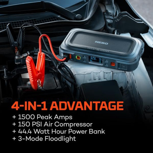 NEBO Assist 1500A Jump Starter & Air Compressor | 1500 Peak Amps, 44.4Wh Portable Car Jump Box for 12V Vehicles & Tire Inflator with Auto Shut-Off, Spark-Proof, USB-C Power Bank, Emergency LED Light