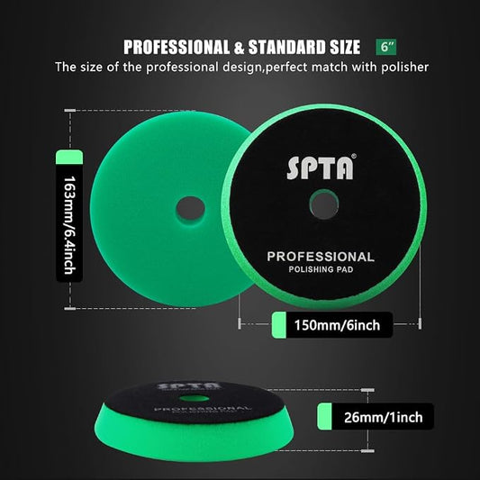 SPTA Green T120 Heavy-Cut Polishing Foam Pad, 1Pc 6.5 Inch Face for 6 Inch 150mm Backing Plate Compound Buffing Sponge Pads for Car Buffer Polisher Compounding, Polishing and Waxing -FPBFS6G