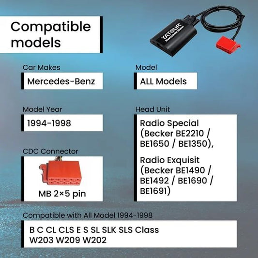 MB Car Bluetoot-h Adapter, Digital Car Stereo Aux Interface with Charging 3.5mm Music Input Port for All Model 1994-1998, B C CL CLS E S SL SLK SLS Class W203 W209 W202(BTA-MB)