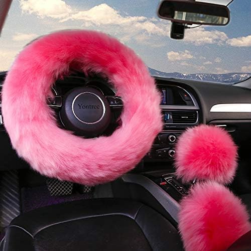 Yontree Fashion Fluffy Steering Wheel Covers for Women/Girls/Ladies/Men Australia Pure Wool Universal 15 Inch 1 Set 3 Pcs (Pink)