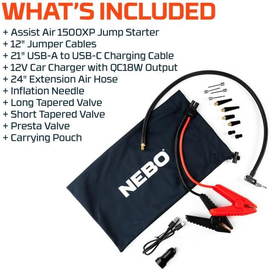 NEBO Assist 1500A Jump Starter & Air Compressor | 1500 Peak Amps, 44.4Wh Portable Car Jump Box for 12V Vehicles & Tire Inflator with Auto Shut-Off, Spark-Proof, USB-C Power Bank, Emergency LED Light