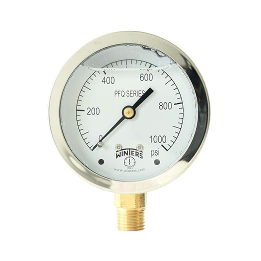 Winters 2-1/2" Dial Size, Liquid Filled Industrial Pressure Gauge, Brass Internals, 304 Stainless Steel Case, Single Scale 0-1,000 psi, 1.5% Acc, 1/4" NPT Bottom Mount, Glycerin Filled Pressure Gauge