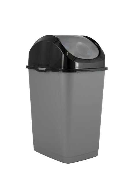 Superio Small 2.5 Gallon Plastic Trash Can with Swing Top Lid, Compact Slim Waste Bin for Under Desk, Office, Bedroom, Bathroom, Dorm Room, 10 Qt. Portable Garbage Can (Grey/Black)