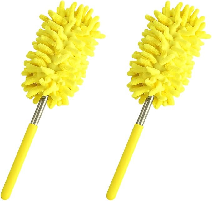 2PCS Car Interior Duster with Extension Pole, 9.45" to 28.35" Microfiber Soft Vehicle Dash Dusting Detailing Wash Brushes, Automotive Dash Cleaning Tool, Universal for SUV RV Truck (Yellow)