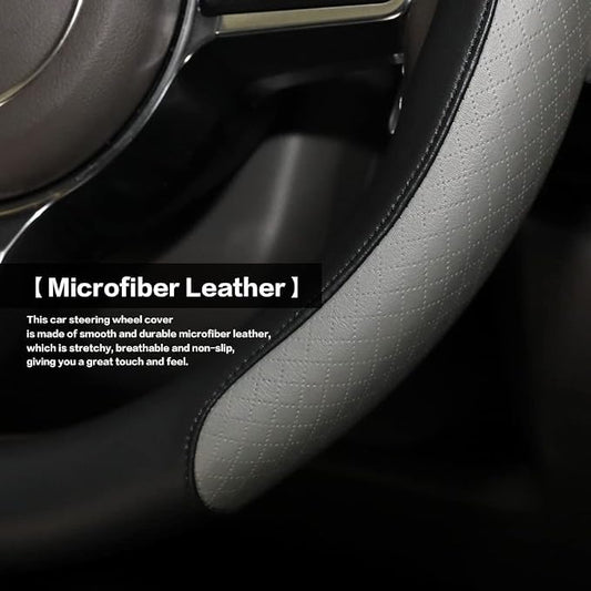 Steering Wheel Cover, Microfiber Leather Splicing with Classic Embossing,Contrasting Colors Anti-Slip Breathable Auto Car Steering Wheel Cover Fit 15 Inch Car Wheel Protector (Black&Gray)