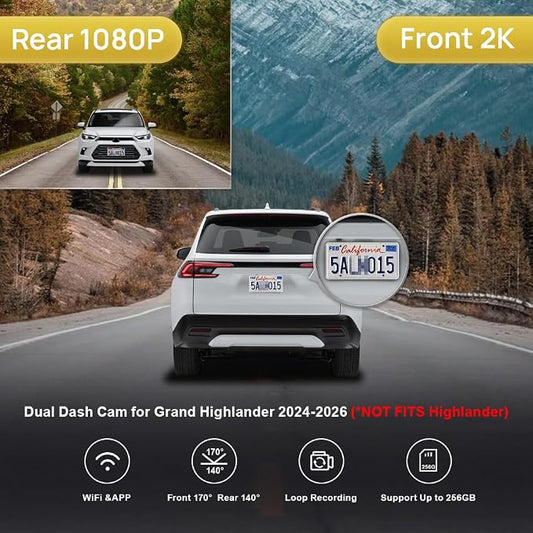 Fitcamx Front 2K+Rear 1080P Dash Cam Adapts for Toyota Grand Highlander 2024-2026 & Hybrid (HD2-0E130), OEM Look, 2 Way HD Video, WiFi & APP, Loop Recording, G-Sensor, Easy to Use, 64GB Card