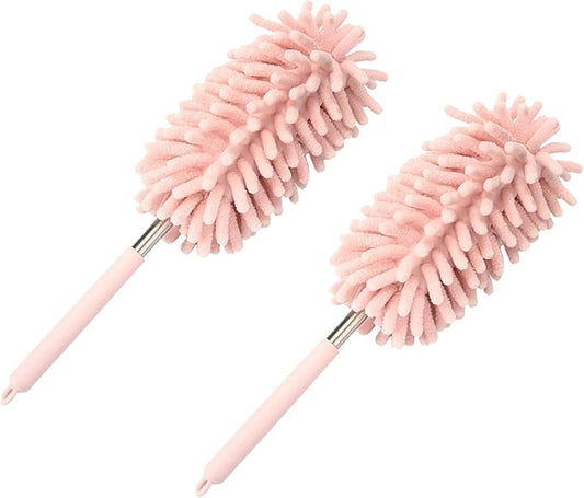 2PCS Car Interior Duster with Extension Pole, Microfiber Retractable Dusters Auto Dash Cleaning Tool, Soft Chenille Hand Washable Dusters for Vehicle Window Office Furniture (Pink)