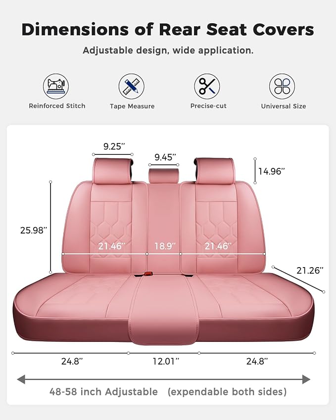 Huidasource Leather Car Seat Covers Full Set, Full Coverage Universal Fit for Most Cars SUVs Trucks, Easy Install with Velcro, Airbag Compatible, Retains Seat Functions & Cupholders, Pink