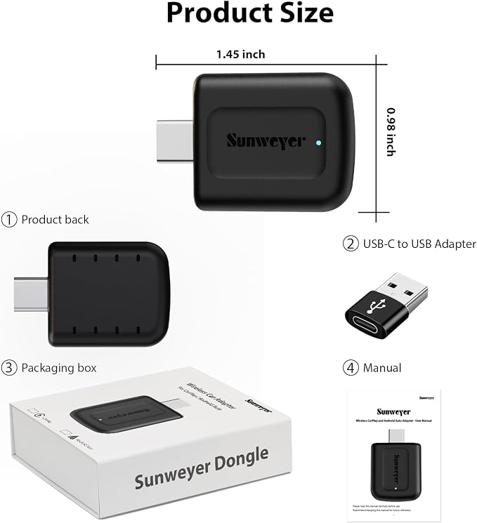 Sunweyer 2024 Latest Wireless CarPlay & Android Auto Dongle 2 in 1 Auto Connect Box,USB Type-C Port,Supports Online Updates Wired to Wireless Adapter
