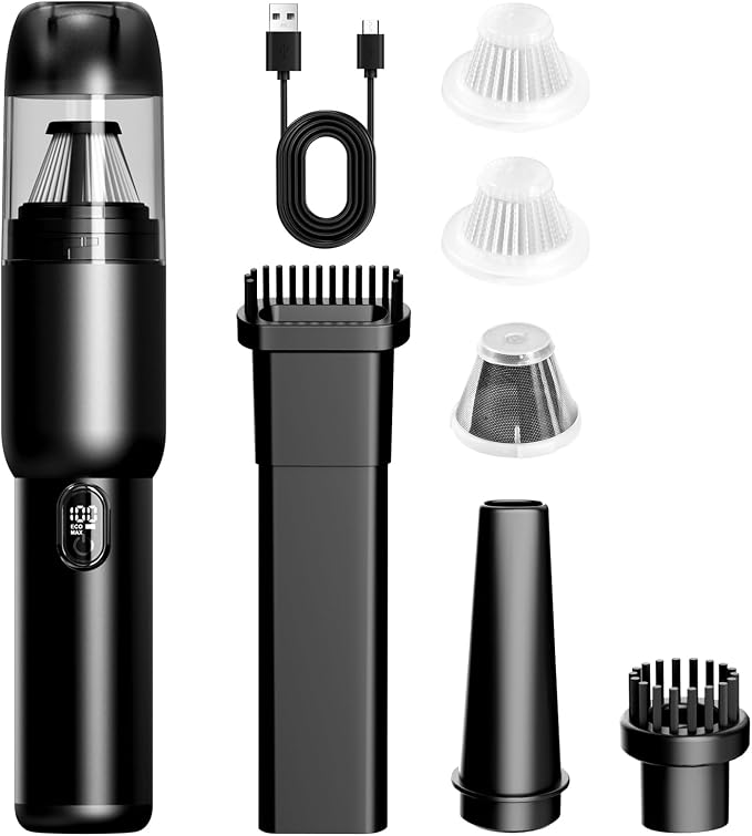 Handheld Car Vacuum Cleaner, Cordless Portable 20KPA Powerful Suction With LED Light, 2-in-1 Air Inflator, Low Noise Rechargeable Mini for Car Home Pet Office