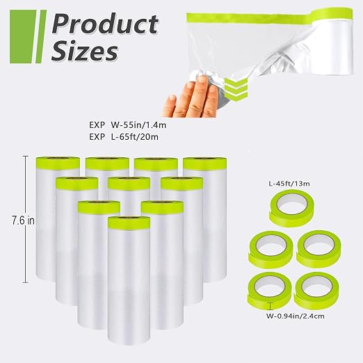 Pre-Taped Masking Film-55inx65ft Tape and Drape Painters Paper Rolls, Plastic Painting Film for Automotive Painting Covering (Masking Film:10rolls,Tape:5rolls)