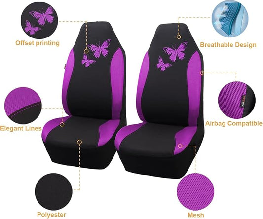 Flying Banner Butterfly car seat Covers ful Set Fashion Universal Lady Woman Female Rear Bench Split Colorized (2 Fronts, Purple)