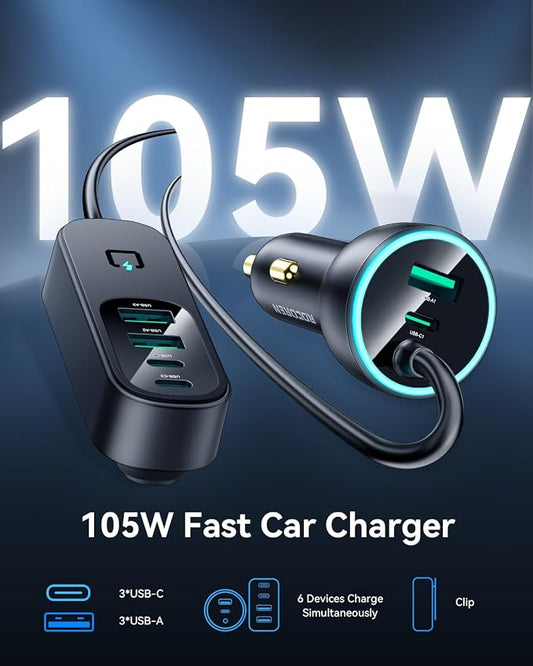 Rocoren 105W 6-Port Multiport Car Charger, PD Fast USB C Car Charger for Multiple Devices,Cigarette Lighter Adapter Car Travel Essentials for Road Trips with 5FT Cable,Car Accessories for iPhone 17/16