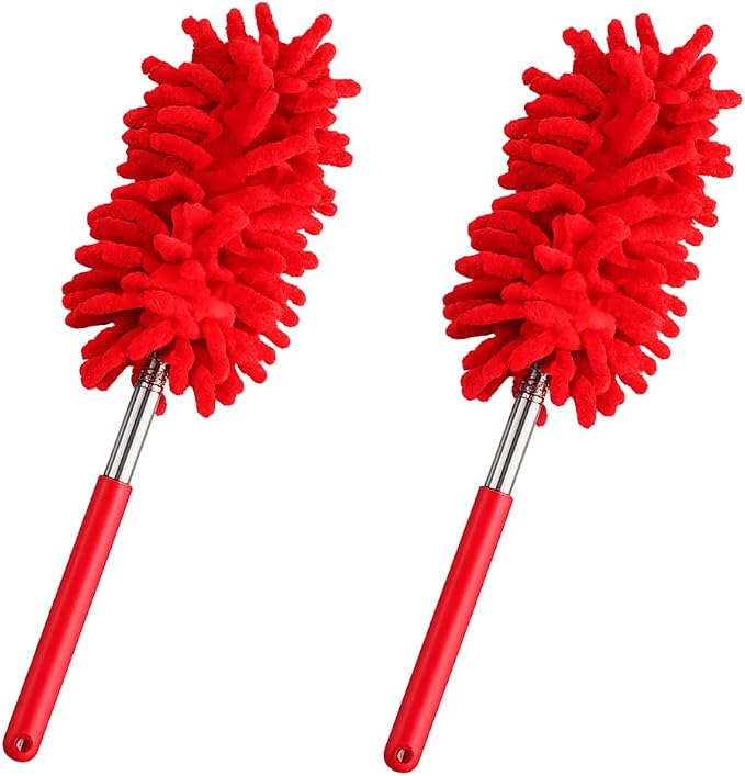 2PCS Car Interior Duster with Extension Pole, 9.45" to 28.35" Microfiber Soft Vehicle Dash Dusting Detailing Wash Brushes, Automotive Dash Cleaning Tool, Universal for SUV RV Truck (Red)