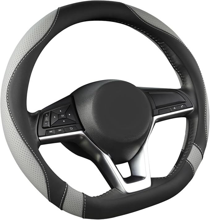 West Llama Flat Bottom Car Steering Wheel Cover for Nissan,D Shaped Steering Wheel Cover for Rogue,Altima,Kicks (Black+Gray-Standard Size)