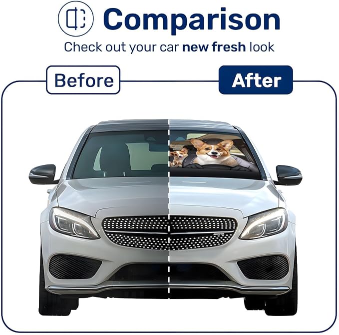 GENANY Cute Corgi Dog Family Funny Windshield Sun Shade for Car SUV Truck (55x30 Inches), Sun Shade for Front Windows, Protector Blocks UV, Spring Car Decor