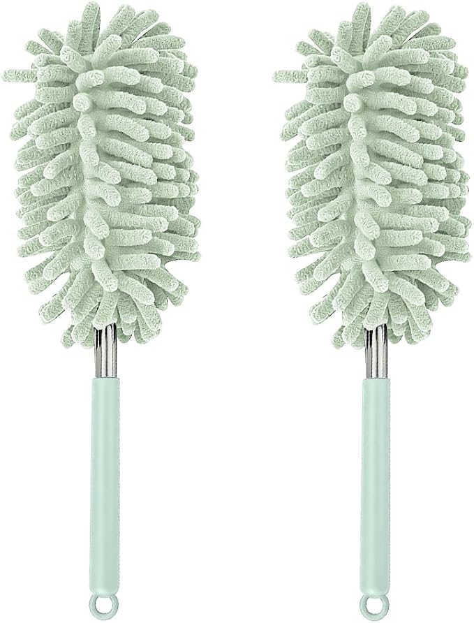 Zpana 2PCS Car Interior Duster with Extension Pole, Soft Chenille Retractable Washable Dash Detailing Cleaner, Auto Window Cleaning Brush Duster for Interior Exterior, Universal Fit (Green)