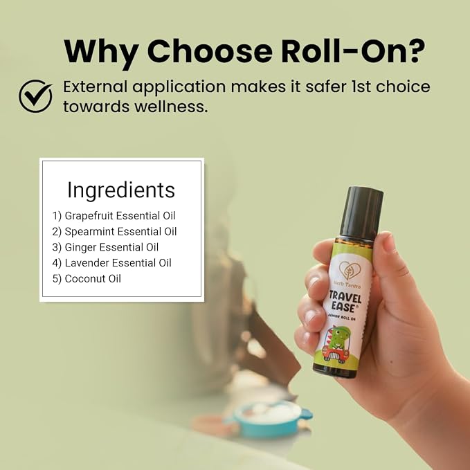 Herb Tantra Travel Ease Junior Kids Roll On,Natural Anti Nausea Relief for Car, Cruise, Airplane, Road Trip & Flight, Essential Oil Based Non drowsy Alternative for Motion Sickness