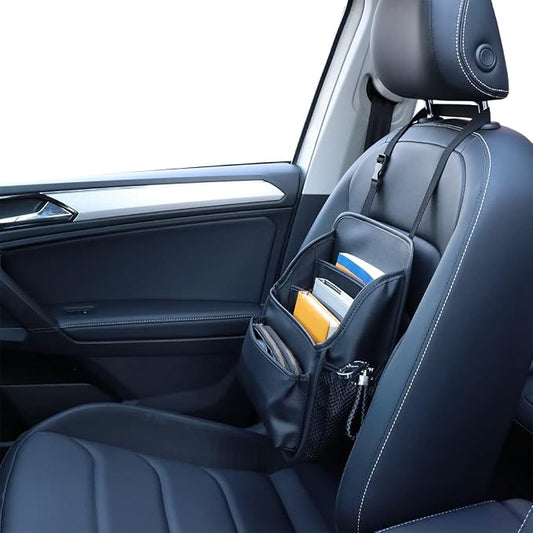 Viaviat Front Seat Organizer Car Upholstery Leather Passenger Seat Storage Bag Large Durable Car Organizer with Adjustable Strap Multiple Compartments Mesh Bags Cup Holders (black)