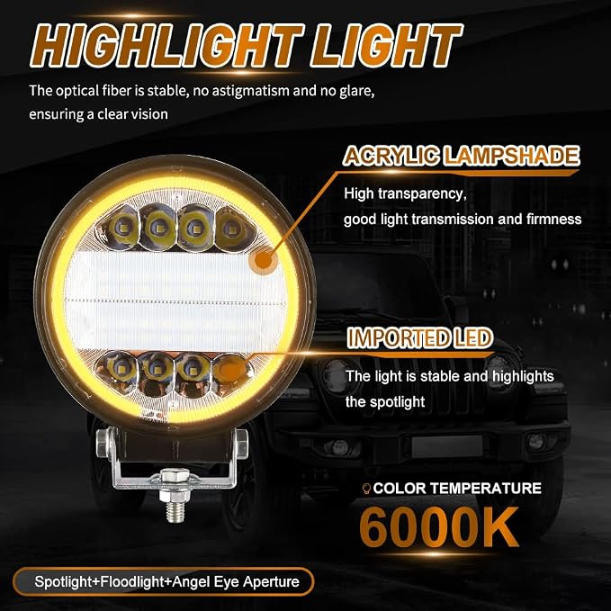 LED Light Pods,KaiDengZhe 72W 4.5" LED Work Light with Amber Strobe Halo Ring Off Road Pods Spot Flood Combo Lights Off Road Driving Fog Lights 12V -36V LED for Truck Pickup Jeep SUV ATV UTV-4PCS