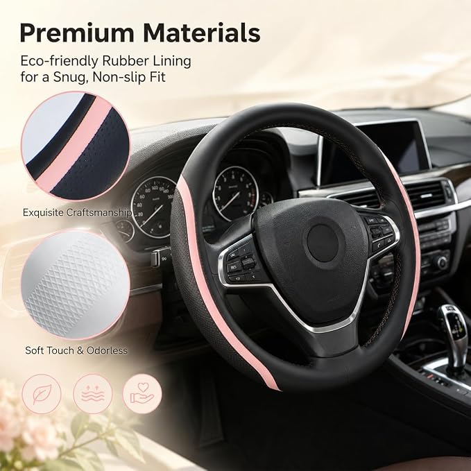Steering Wheel Cover Black Pink, Leather Car Steering Wheel Covers with Coasters Universal 14.5-15 inch Microfiber Breathable Anti-Slip Steering Wheel Accessories Set