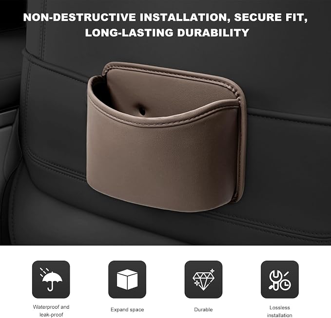Car Trash Can, Clip On Garbage Organizer Multifunctional Car Door Hanging Container, Waterproof Leather Trash Bin Universal Interior Storage Box for Vehicle Home Office (Brown)
