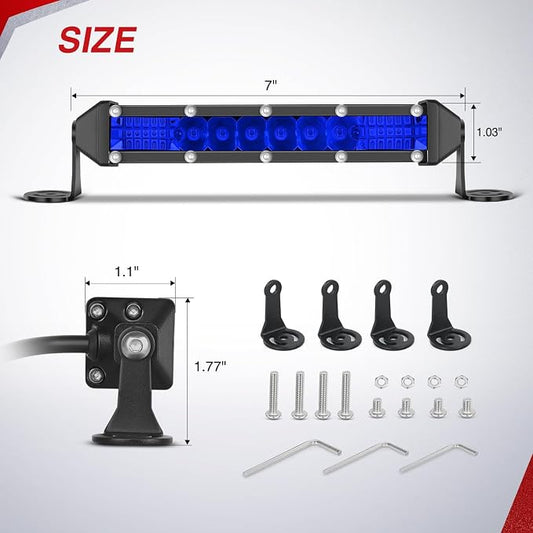Nilight Slim LED Light Bar 2Pcs 7 Inch 16LED Single Row Spot Flood Combo Blue Off Road Driving Fog Fishing Hunting Emergency Safety Signal Lighting for 12V 24V ATV UTV Pickup Truck Tractor Boat