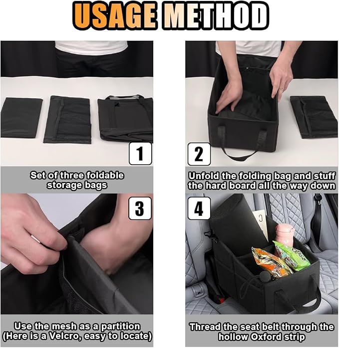 GLSOWEE Car Seat Organizer, Foldable Car Storage Organizer with 4 Cup Holders, Rear & Front Seat Storage Bags, Black