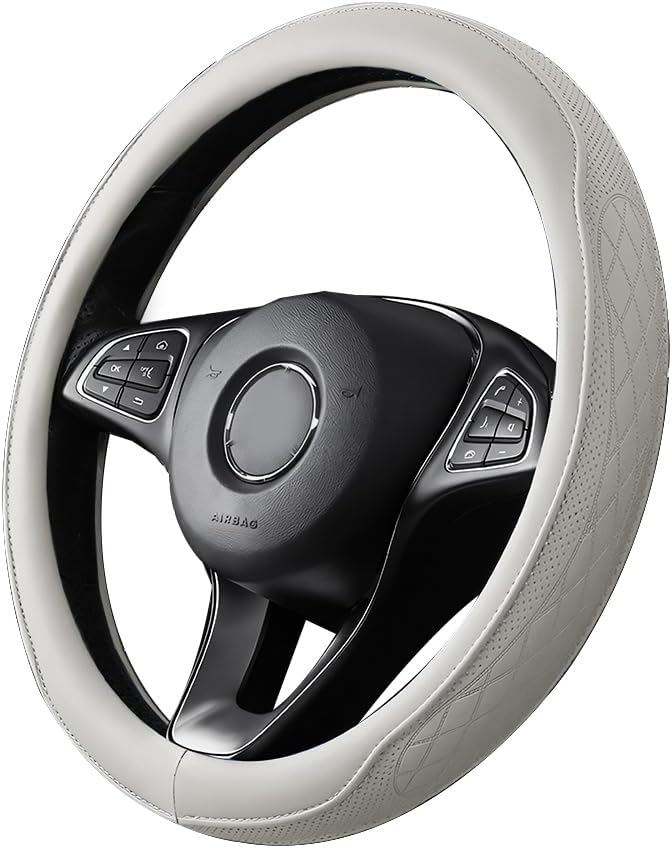 Zpana Car Steering Wheel Cover, 14.5-15" Breathable Soft Leather Vehicle Steering Wheel Protector with Anti-Slip Lining, Comfortable Auto Interior Decoration Accessories, Universal Fit (White)