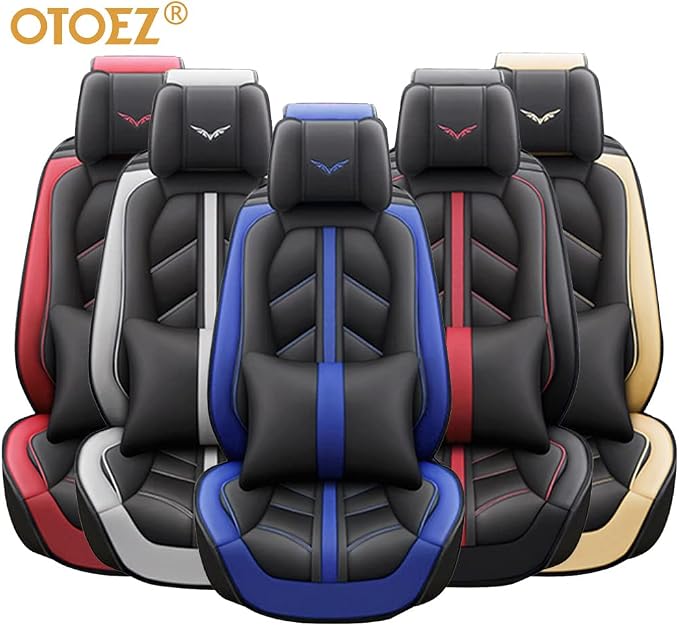 otoez Car Seat Covers Full Set Luxury Leather Automotive Interior Seat Covers, Waterproof Non-Slip Front & Rear Seat Cushion Protector Universal Fit Most Car Sedan Truck SUV (Black, with Pillows)