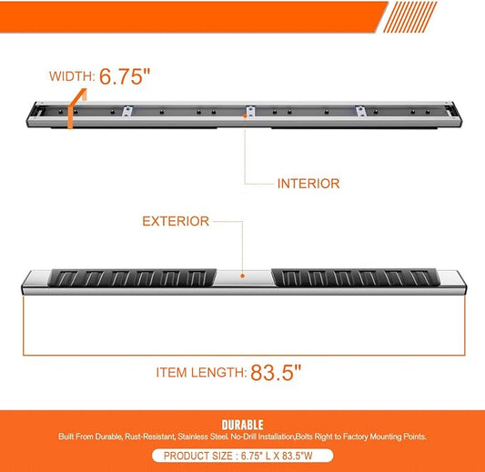 6.75" Running Boards Side Step Bars Compatible with 2009-2024 Dodge Ram 1500 2500 3500 Crew Cab, Stainless Steel Flat Side Truck Running Boards, Chrome