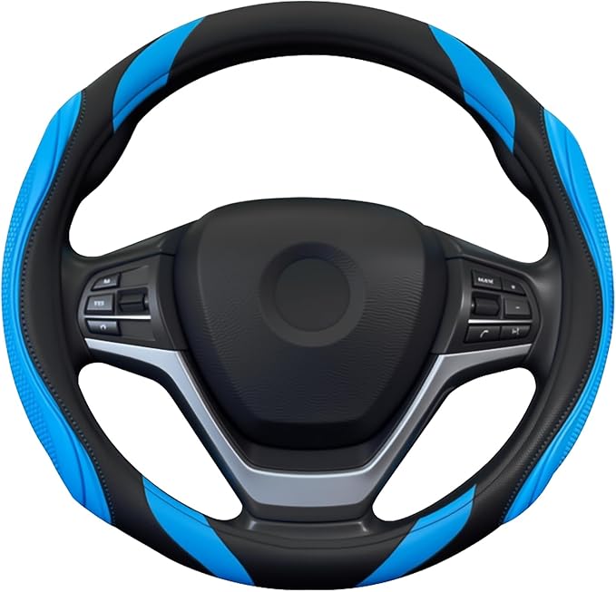 Concave Convex Massage Black Blue Microfiber Leather Steering Wheel Cover, 14.5-15 Inch Non-Slip Breathable Microfiber Car Steering Wheel Protector