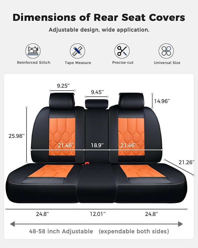 Huidasource Seat Covers Full Set, Universal Fit for Most Cars SUV Trucks, Full Coverage Leather Seat Cover, Airbag, Cupholder Compatible, Seat Function Retain, Easy Install with Velcro, Black&Orange