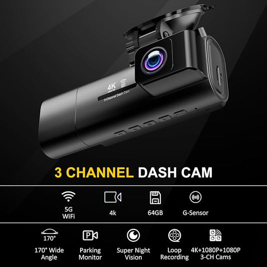 4K Dash Cam Front and Rear Inside,3.16" IPS,3 Channel Dash Cam for Car with 5G WiFi,Free 64GB Card,170ยฐ Wide Angle,Loop Recording,G-Sensor,WDR,Night Vision,Time-Lapse,24H Parking Monitor