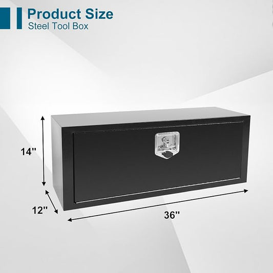36"X12"X14" Underbody Truck Box Black Heavy Duty Steel Trailer Box Pick Up Truck Tool Box Storage Organizer w/Lock & eys