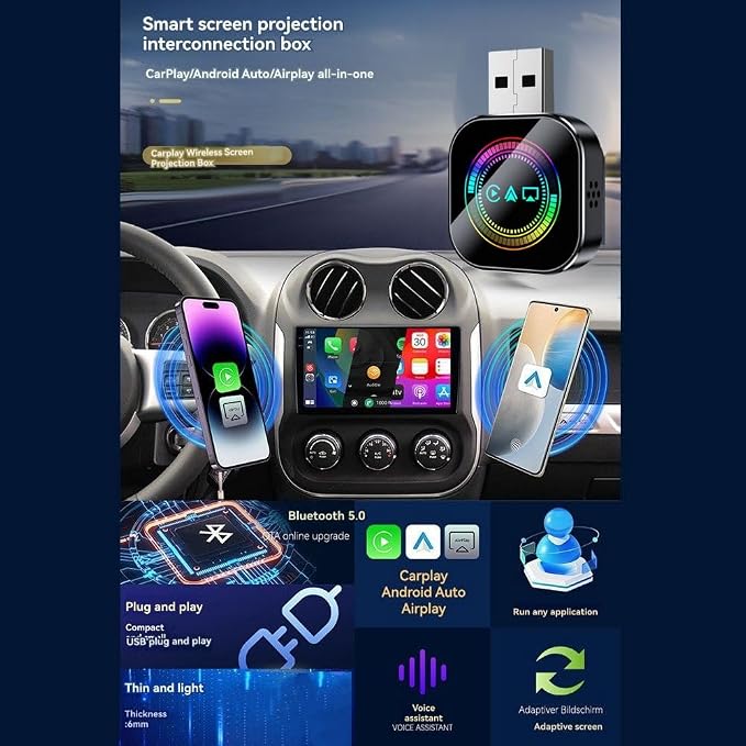 Wireless Carplay Adapter Android Auto Airplay Smart Carplay USB Dongle Wired Connection Plug and Play