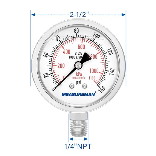MEASUREMAN Fully Stainless Steel Hydraulic Glycerin Filled Pressure Gauge, 2-1/2" Dial Size,0-160psi/kpa,1/4" NPT Lower Mount