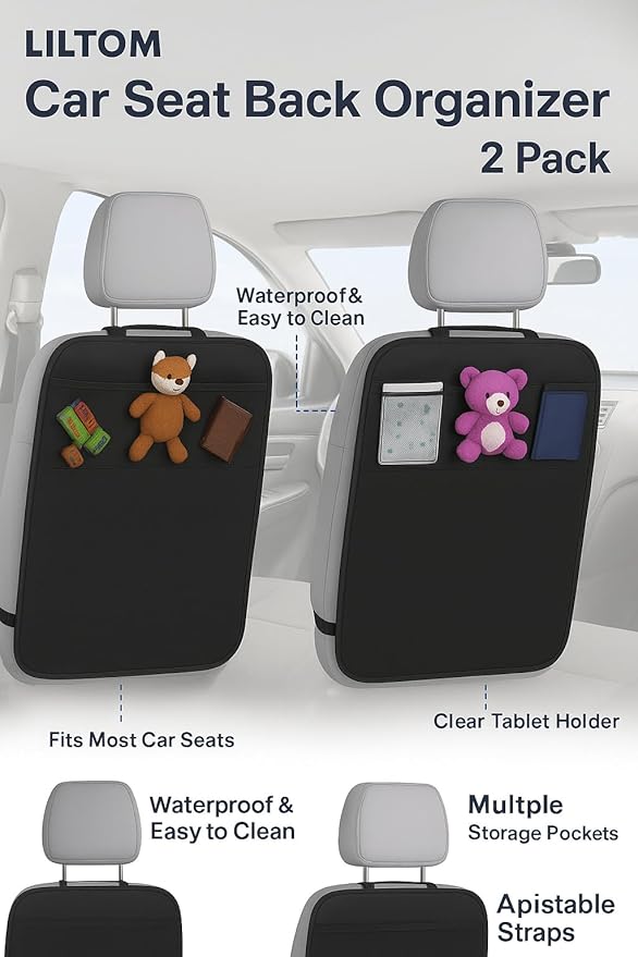 LILTOM Car Back Seat Protector with Organizer, 19"x27" XL Kick Mats, Waterproof, 3 Pockets, 2-Pack (Black - 3 Pocket)