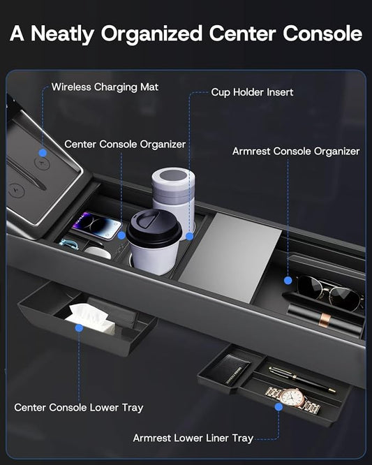 Center Console Organizer Tray for Tesla Model Y Juniper 2026 2025 (Premium & Performance), 8PCS - PC Material & Silent Silicone Armrest Storage Box Bottom Liners Wireless Charging Pad Cup Holder